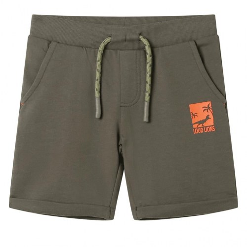 Shorts til børn str. 128 med snøre - mørk kakifarve, 100 % bomuld