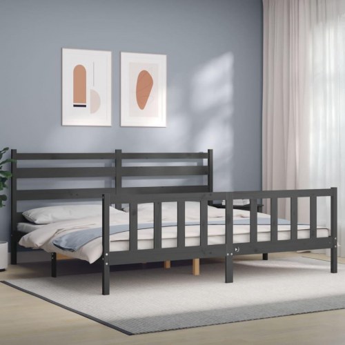 Sengeramme med sengegavl 200x200 cm massivt træ grå