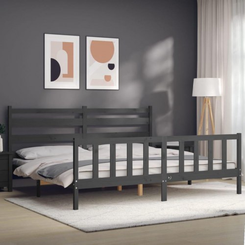Sengeramme med sengegavl 200x200 cm massivt træ grå