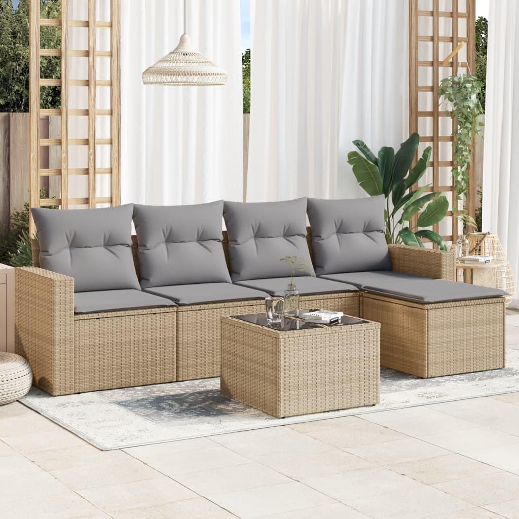 Sofasæt 5 Dele Med Hynder Polyrattan - beige og grå / Med bord