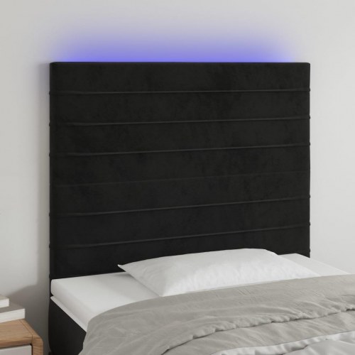 Sengegavl med LED-lys i fløjl - sort, 80 x 5 x 118/128 cm