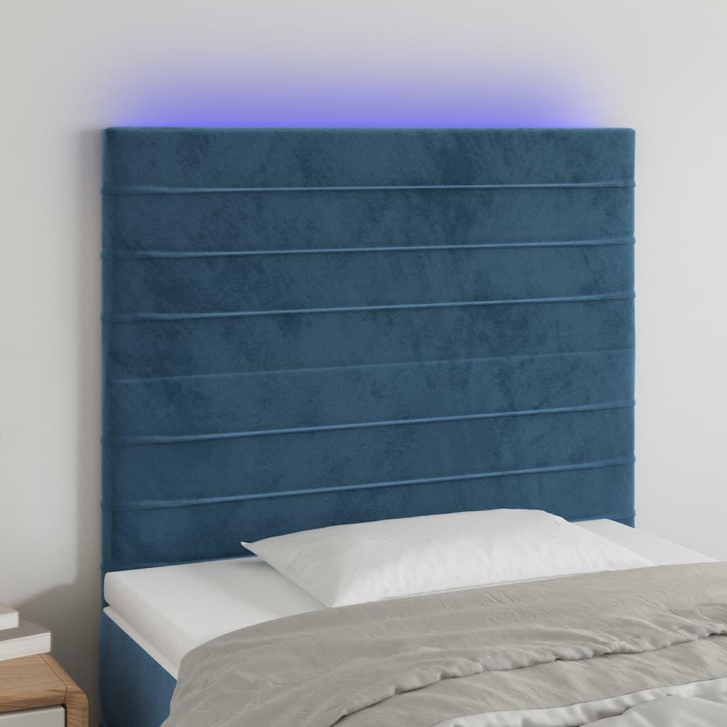 Sengegavl med LED-lys 80x5x118/128 cm fløjl mørkeblå billede