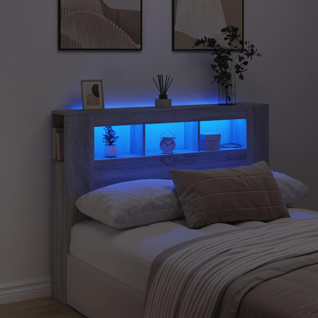 Sengegavl 140x18,5x103,5 cm LED-lys konstrueret træ grå sonoma
