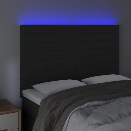 Sengegavl med LED-lys i fløjl - sort, 144 x 5 x 118/128 cm