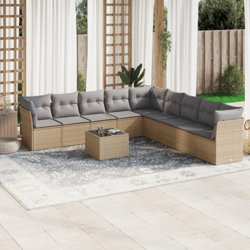 Sofasæt til haven 10 dele med hynder og glasbord i polyrattan beige
