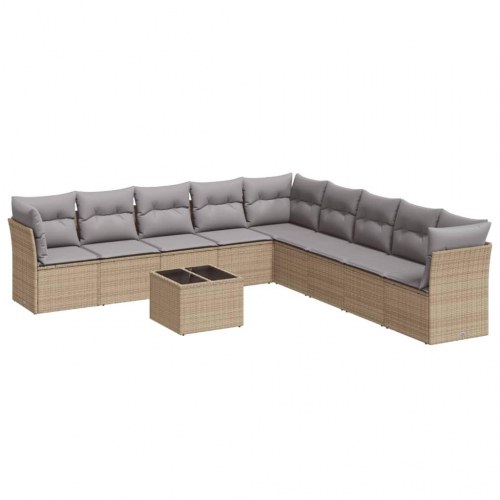 Sofasæt til haven 10 dele med hynder og glasbord i polyrattan beige