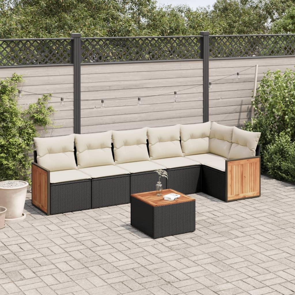 Sofasæt til haven i polyrattan - 7 dele med hynder, sort