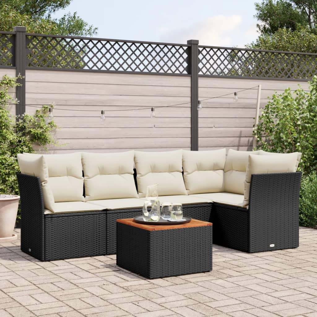 Sofasæt Til Haven 6 Dele Med Hynder Polyrattan - Sort og cremefarvet / 3x hjørnedel 2x midterdel bord