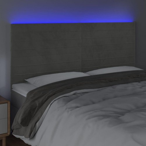 Sengegavl med LED-lys i fløjl 200 x 5 x 118/128 cm - lysegrå