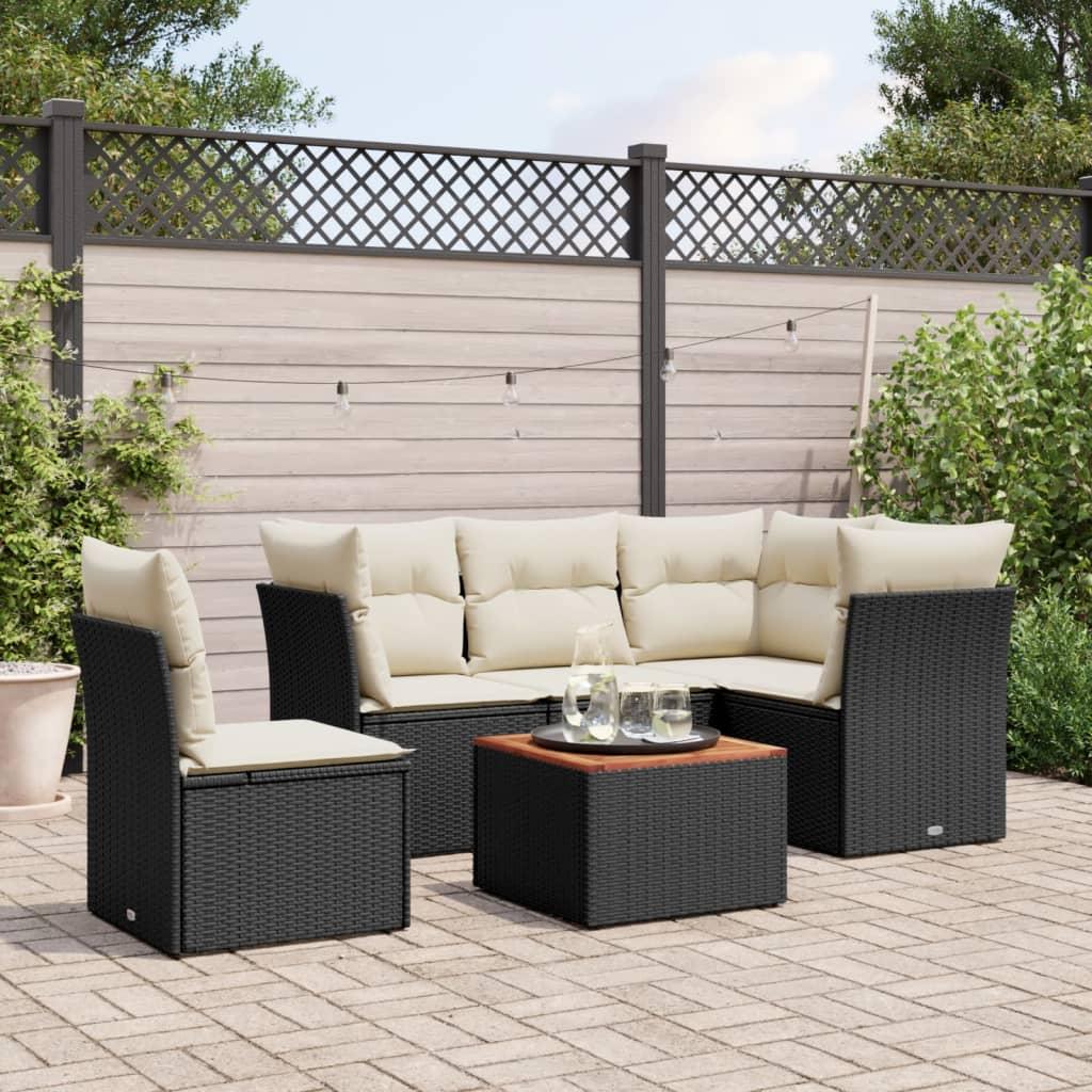 Sofasæt Til Haven 6 Dele Med Hynder Polyrattan - Sort og cremefarvet / bord 3x hjørnedel 2x midterdel