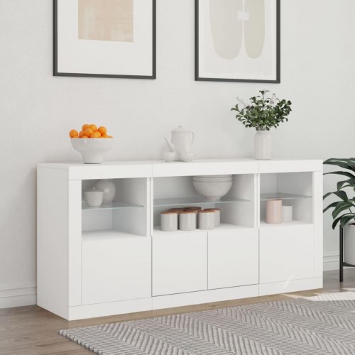 Skænk med LED-lys 142,5×37×67 cm - hvid opbevaringsskænk