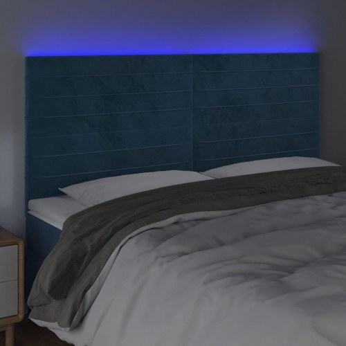 Sengegavl med LED-lys i fløjl - mørkeblå, 200 x 5 x 118/128 cm