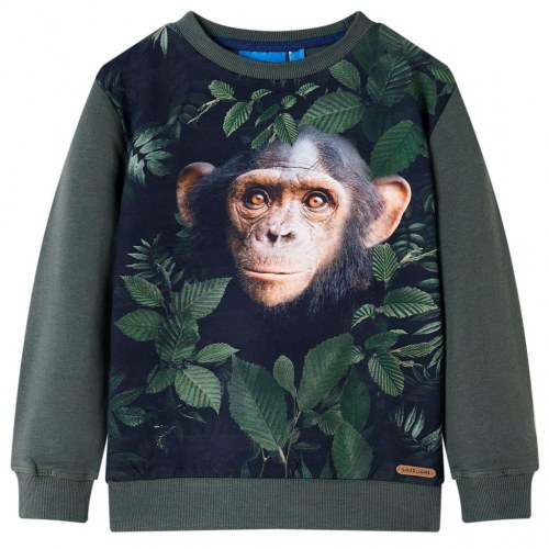 Sweatshirt til børn str. 116 - mørk kakifarve med abeprint