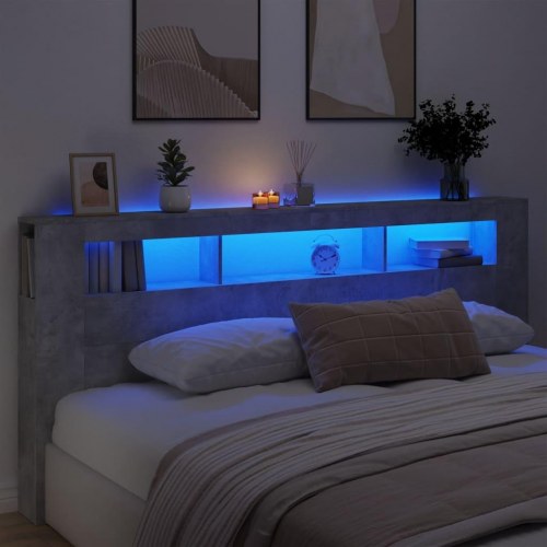 Sengegavl med LED-lys 220 × 18,5 × 103,5 cm - konstrueret træ, betongrå