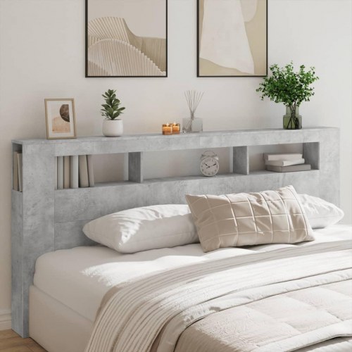 Sengegavl med LED-lys 220 × 18,5 × 103,5 cm - konstrueret træ, betongrå