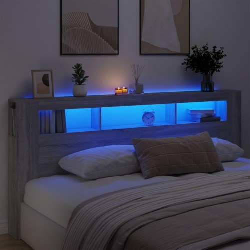 Sengegavl med LED-lys og hylder - 220 × 18,5 × 103,5 cm, grå sonoma