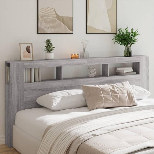 Sengegavl med LED-lys og hylder - 220 × 18,5 × 103,5 cm, grå sonoma