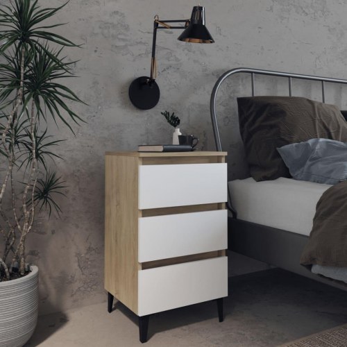 Sengeskab m. metalben 40x35x69 cm hvid og sonoma-eg