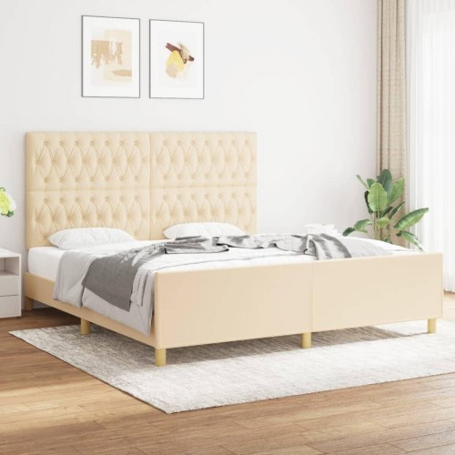 Sengeramme med sengegavl 180x200 cm - stof, cremefarvet