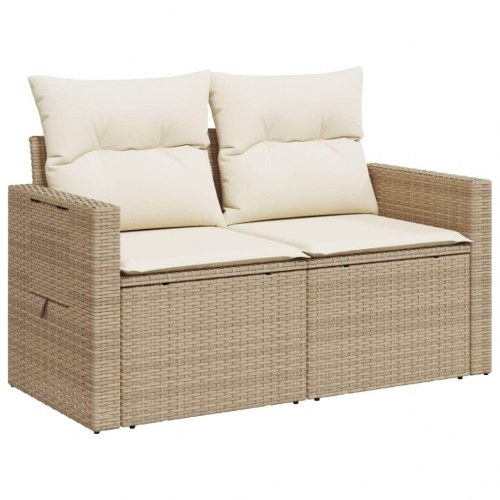 2-personers havesofa med hynder i polyrattan - beige, opbevaring og sidebord