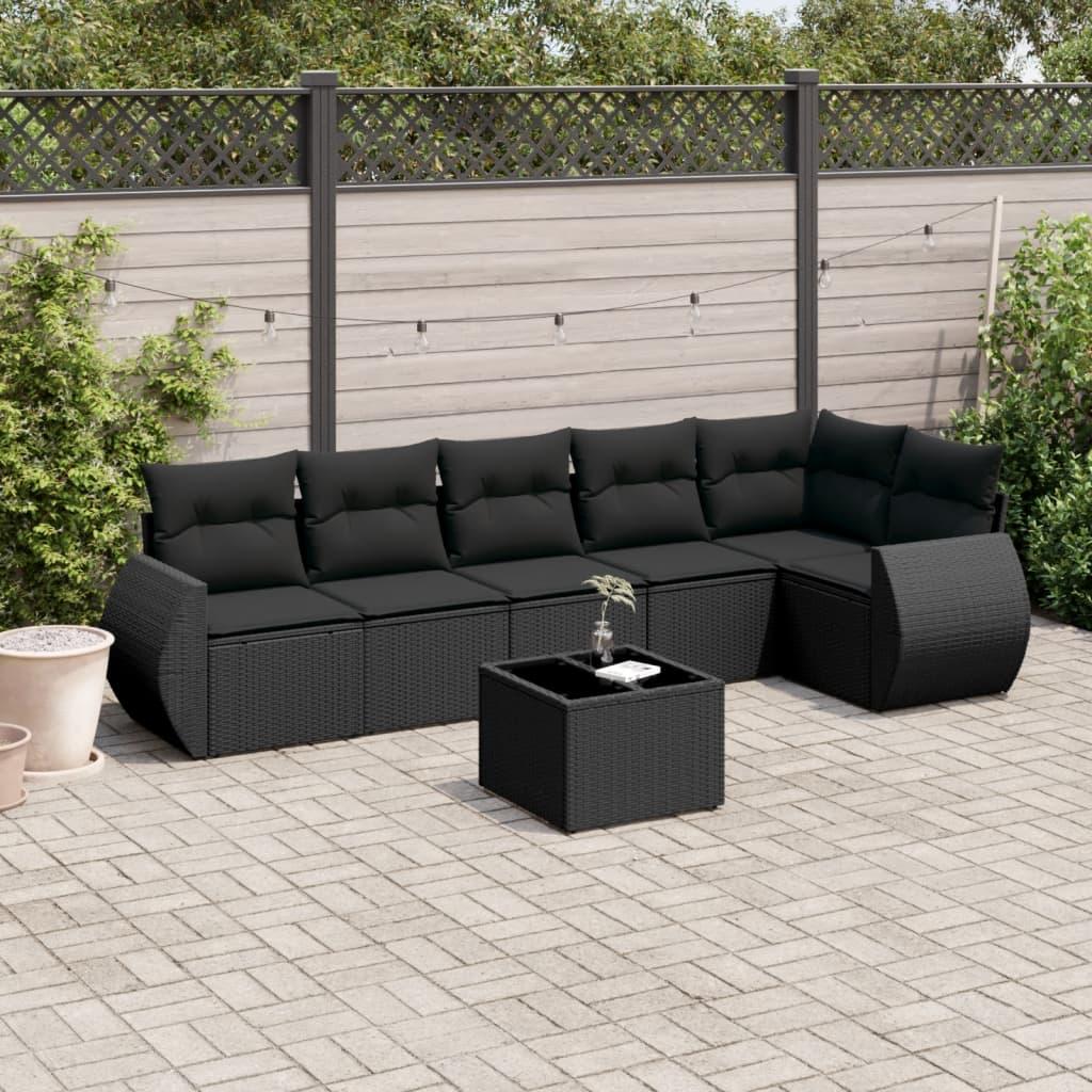 Sofasæt til haven - 7 dele med hynder og opbevaring i polyrattan, sort