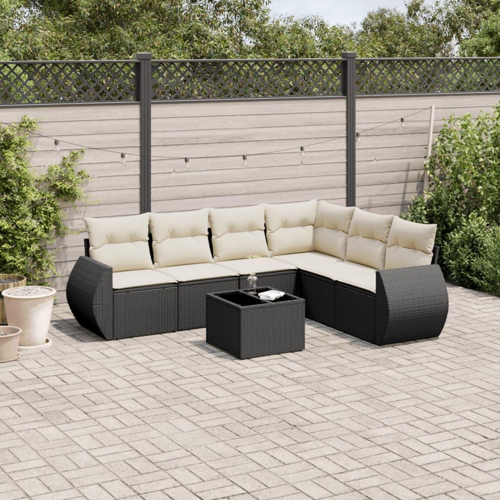 Sofaesæt Til Haven 7 Dele Med Hynder Polyrattan - Sort og cremefarvet / Med bord