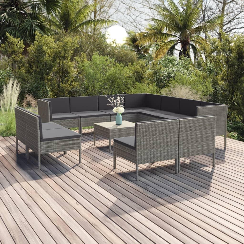 Loungesæt Til Haven 5 Dele Med Hynder Polyrattan Grå - 8x midterdel 3x hjørnedel bord