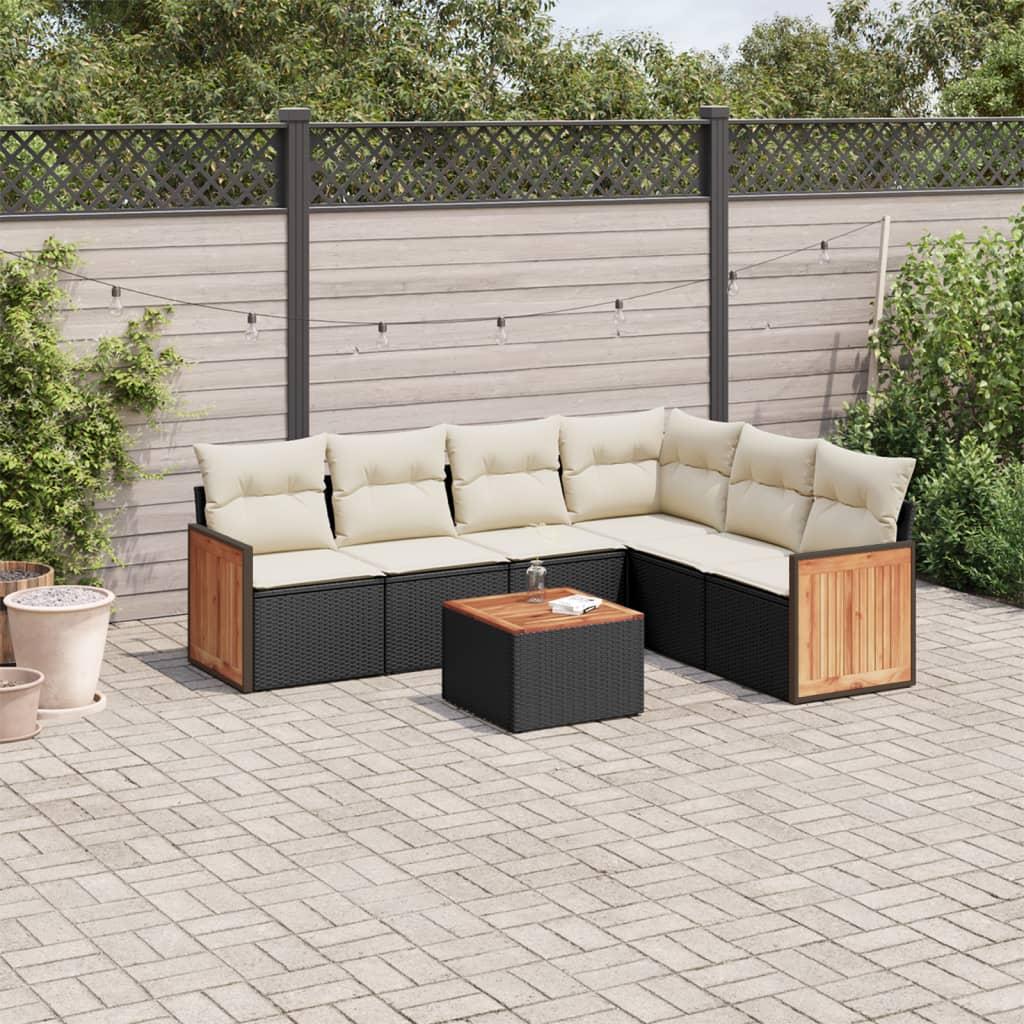 Sofasæt Til Haven 7 Dele Med Hynder Polyrattan - Sort og cremefarvet / Med bord