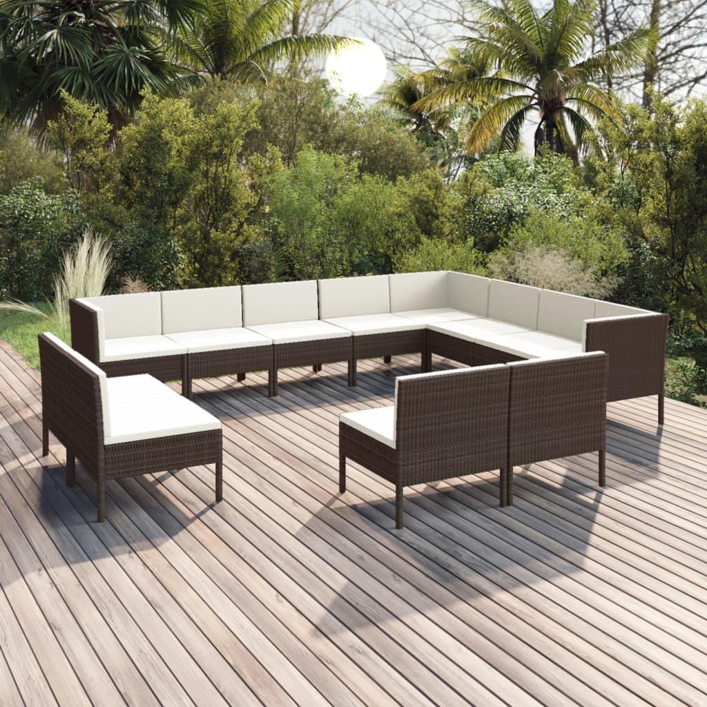 Loungesæt Til Haven 5 Dele Med Hynder Polyrattan Brun - 3x hjørnedel 9x midterdel