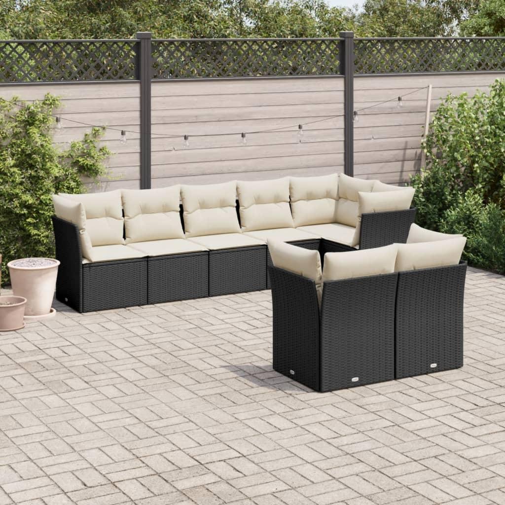 Sofasæt til haven i polyrattan - 8 dele med hynder, sort