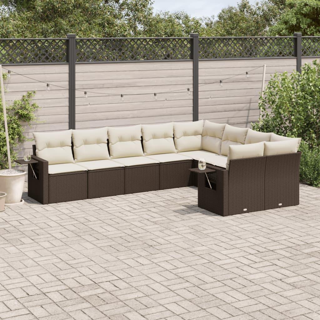 Sofasæt til haven i polyrattan - 9 dele med hynder, brun