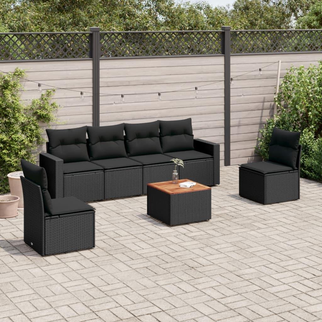 Sofasæt til haven - 7 dele med hynder og opbevaring i polyrattan, sort