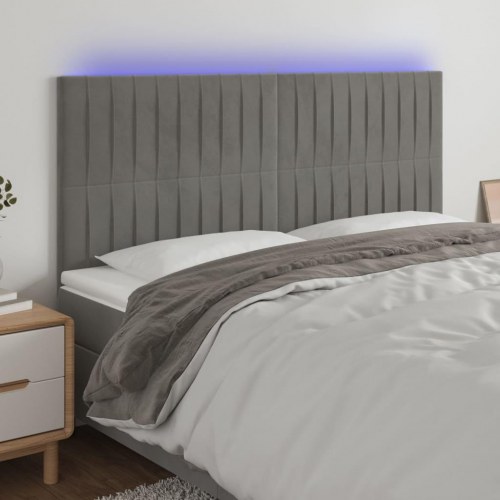 Sengegavl med LED-lys 180 x 5 x 118/128 cm fløjl - lysegrå