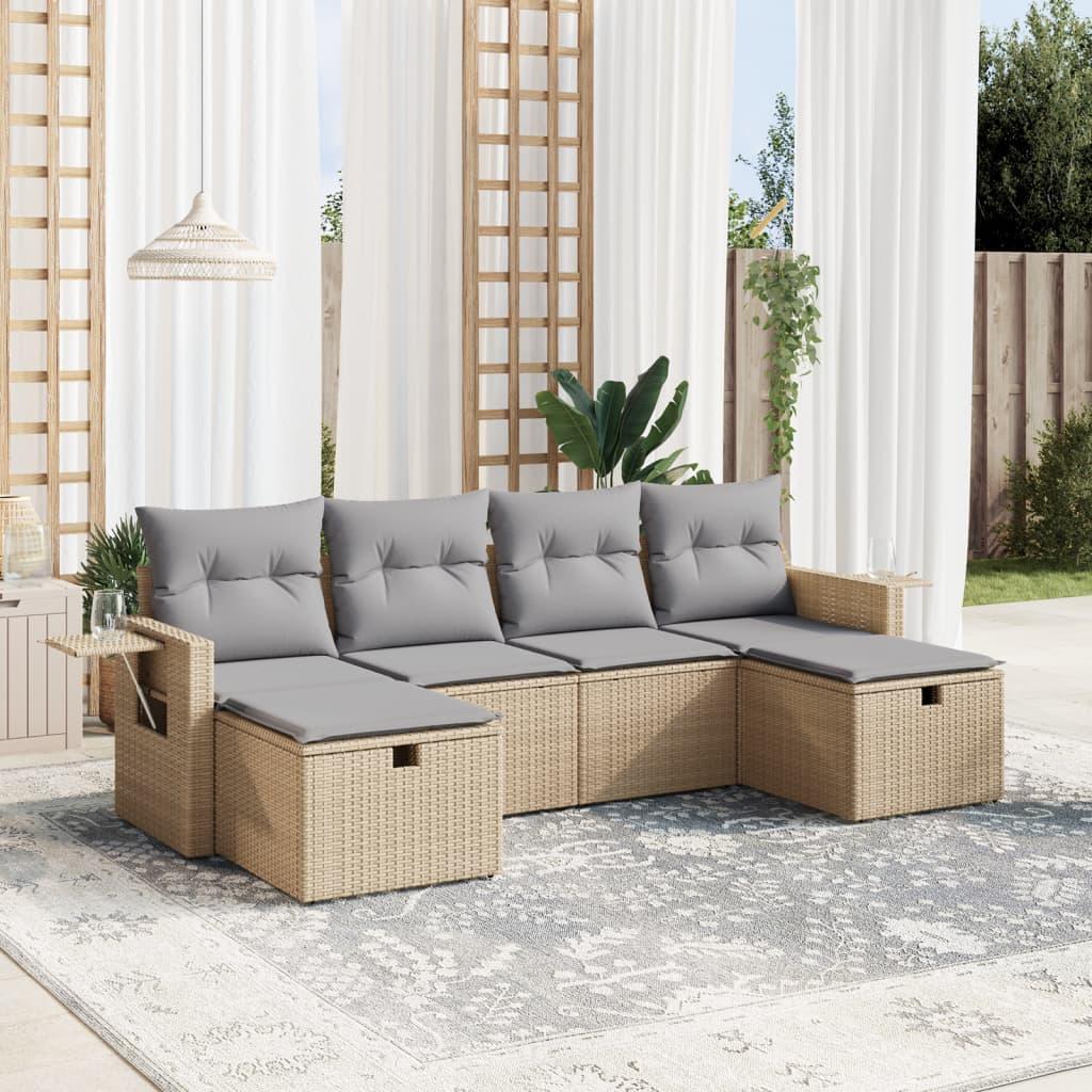 Havesofasæt 6 dele i polyrattan med hynder - beige/lysegrå