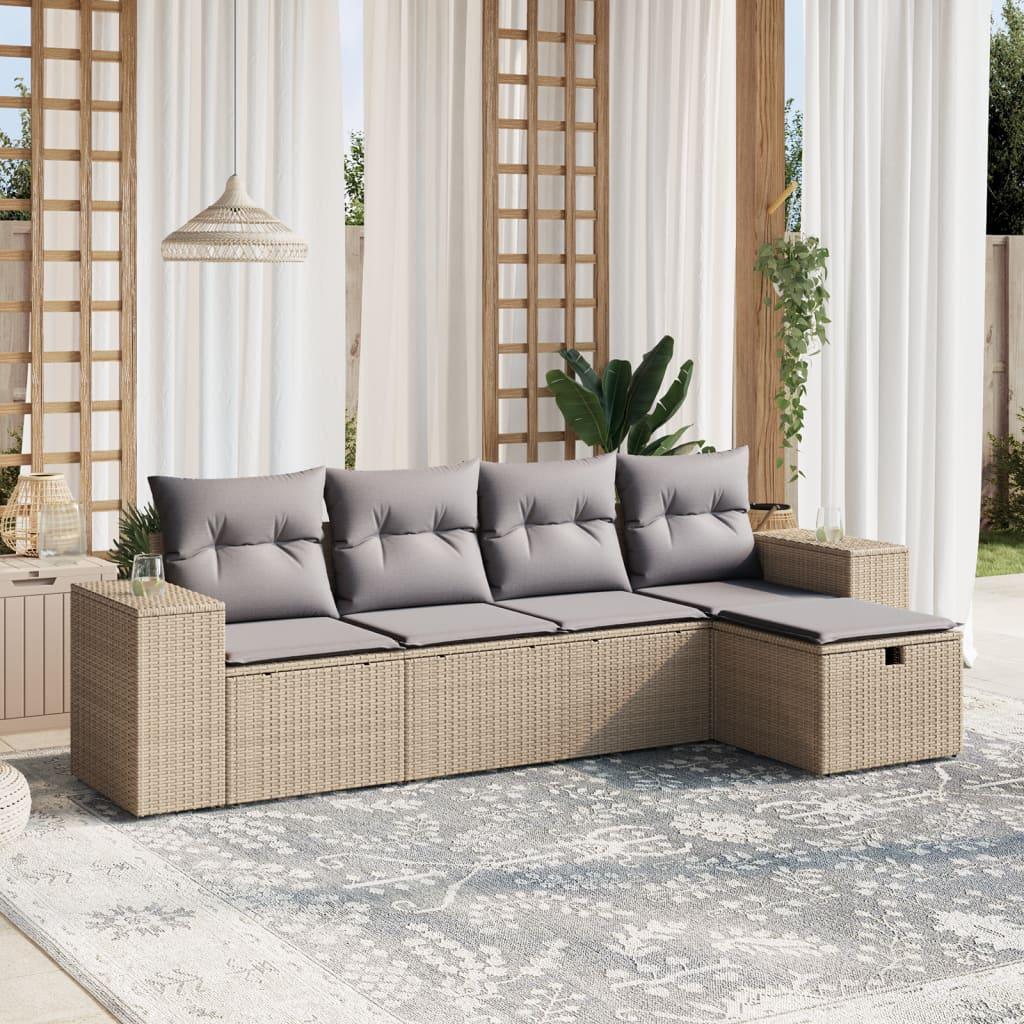 Havesofasæt 5 dele med hynder i polyrattan - beige/lysegrå