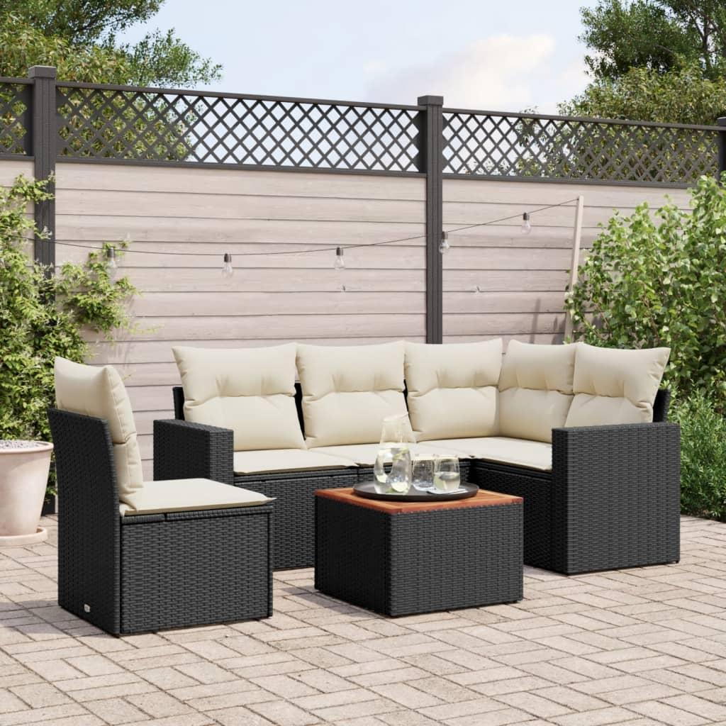 Sofasæt Til Haven 6 Dele Med Hynder Polyrattan - Sort og cremefarvet / bord hjørnedel 2x midterdel