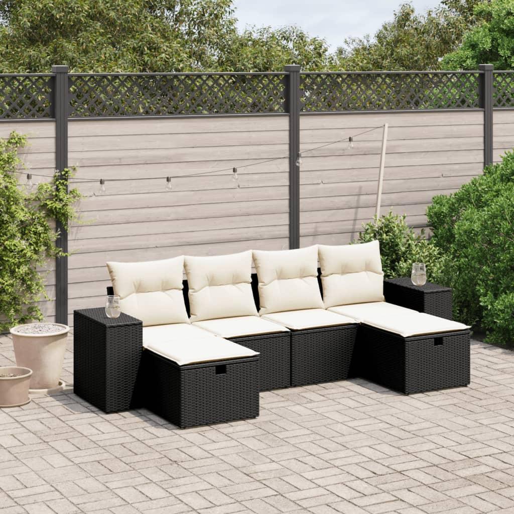 Sofasæt til haven i polyrattan - 6 dele, sort med creme hynder