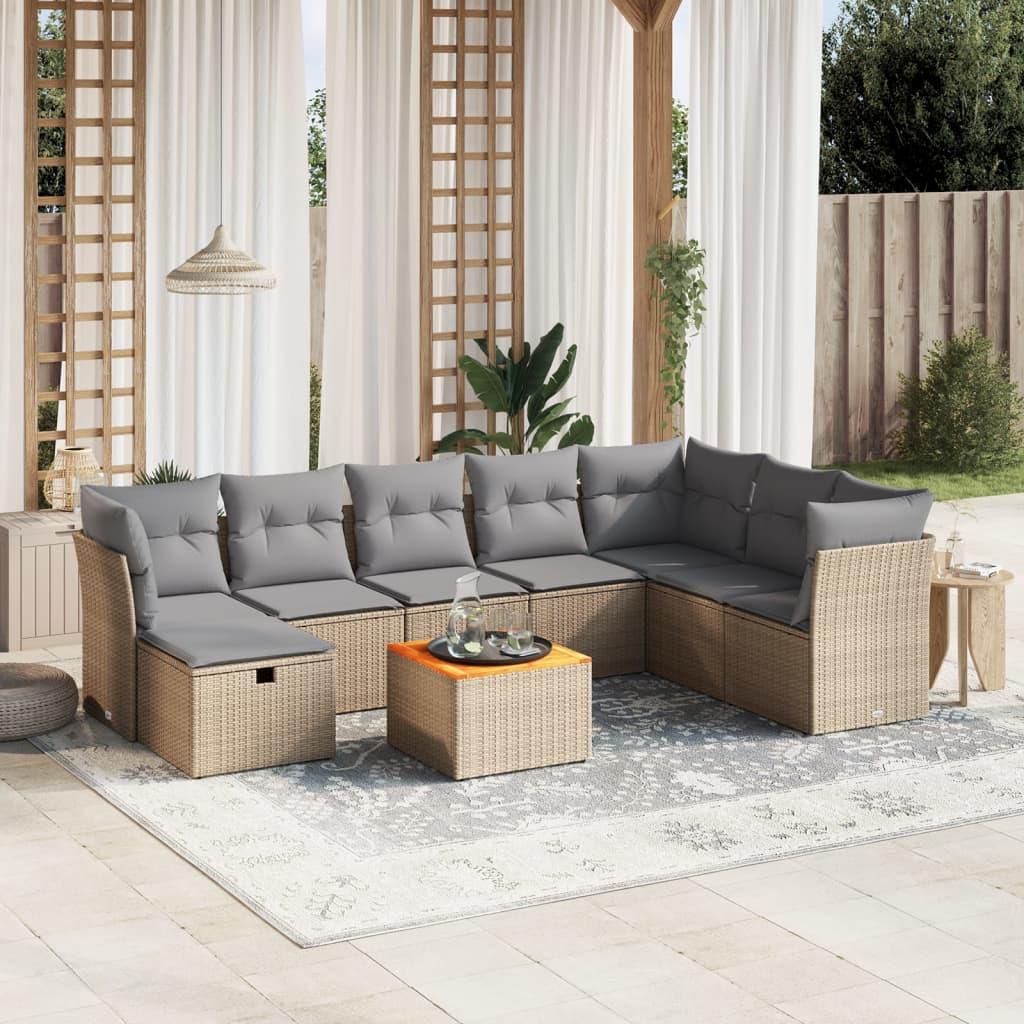 Havemøbelsæt 9 dele i polyrattan med hynder og bord - beige/lysegrå