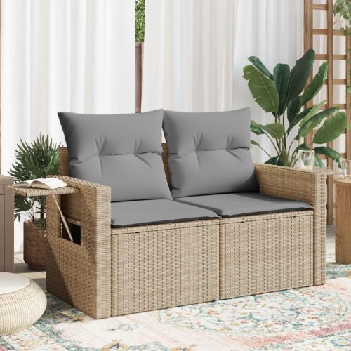 2-personers havesofa i polyrattan med hynder og opbevaring - beige/lysegrå