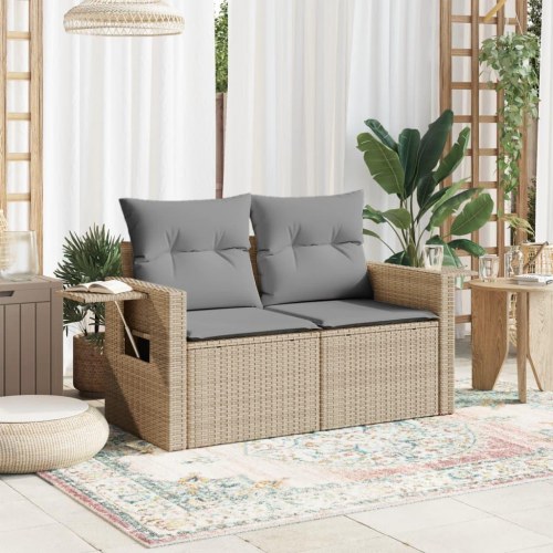 2-personers havesofa i polyrattan med hynder og opbevaring - beige/lysegrå