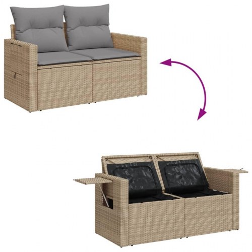 2-personers havesofa i polyrattan med hynder og opbevaring - beige/lysegrå