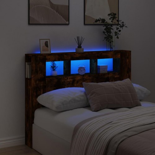 Sengegavl med LED-lys 140×18,5×103,5 cm - konstrueret træ, røget eg