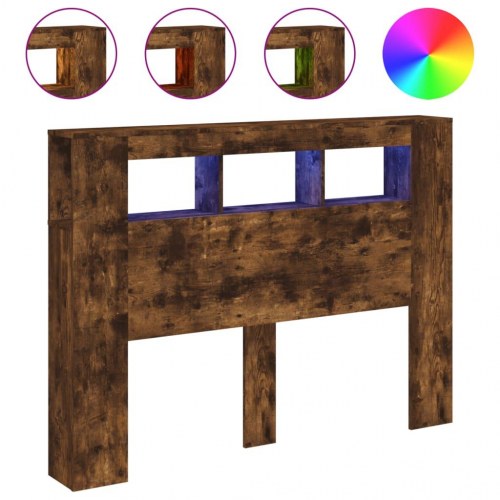 Sengegavl med LED-lys 140×18,5×103,5 cm - konstrueret træ, røget eg