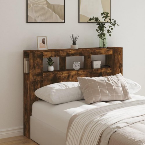 Sengegavl med LED-lys 140×18,5×103,5 cm - konstrueret træ, røget eg