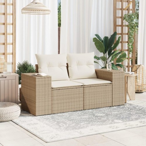 2-personers havesofa med hynder og opbevaring i polyrattan - beige