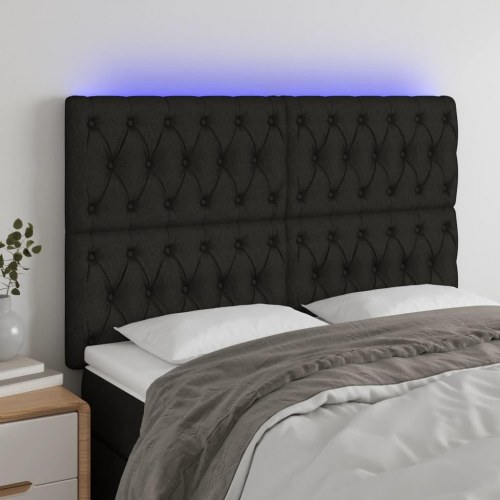 Sengegavl med LED-lys 144 x 7 x 118/128 cm stof - sort