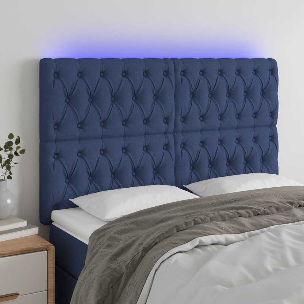 Sengegavl Med Led-Lys Stof Blå - 144 x 7 x 118/128 cm