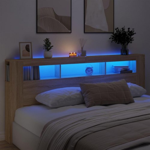 Sengegavl med LED-lys - 220 × 18,5 × 103,5 cm, sonoma-eg, konstrueret træ