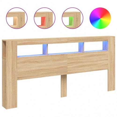 Sengegavl med LED-lys - 220 × 18,5 × 103,5 cm, sonoma-eg, konstrueret træ