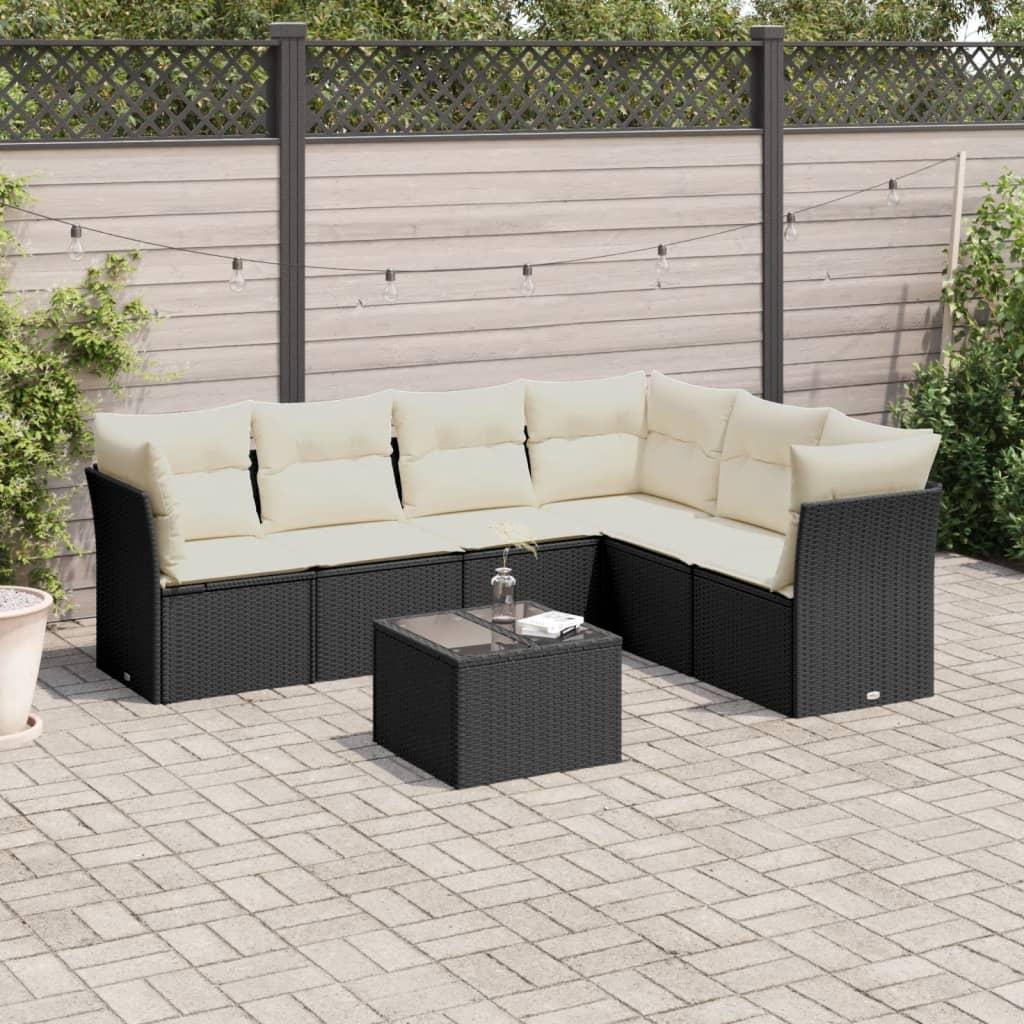 Sofasæt Til Haven 6 Dele Med Hynder Polyrattan - Sort og cremefarvet / Med bord